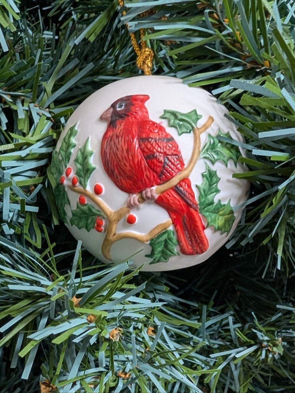 Ceramic & VTG Red Cardinal Christmas Ornament Made in Taiwan EUC Red White Holy